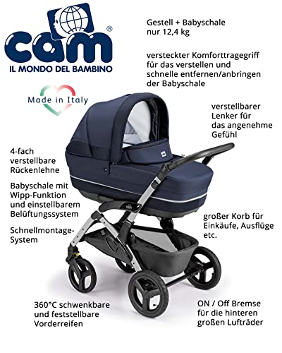 Cam il mondo del bambino S.p.A. 3 in 1 Kombi Kinderwagen Modell Rover Kinderwagen/Buggy/Autositz/Tasche hochwertige Materialen Made in Italy (Blau)