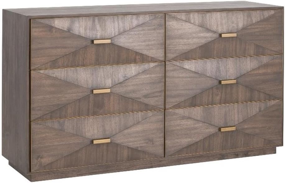 Pemberly Row Contemporary 6-Drawer Acacia Wood Dresser, Burnished Brown Finish, Brushed Gold Accents, 3D Drawer Fronts, Felt-Lined Top Drawers, Double Dresser for Bedroom Storage, 36"H x 64"W x 20"D