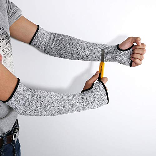 Cut Resistant Sleeves with Thumb Hole, Arm Protection Knit Sleeves, Level 5 Protection, Slash Resistant Safety Protective Sleeves, Grey, 1 Pair