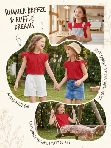 Image of Arshiner Girls Ruffle Short Sleeve Shirts Cute Summer Frill Neck Pleated Textured Blouse Tops