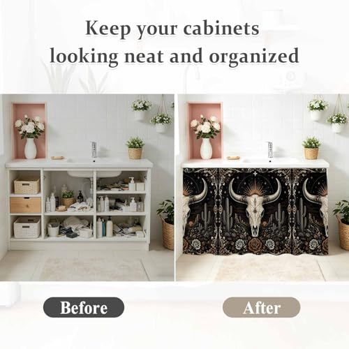 Halloween Skull Cabinet Curtains 28"W x 51"L, Southwestern Mystical Cacti Stars Florals Sink Skirt for Bathroom Kitchen Self Adhesive, Desk Privacy Short Curtain for Sink Under Counter Classroom - Image 7