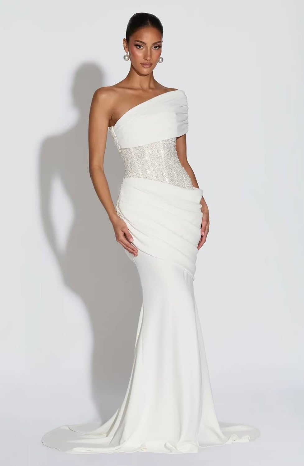 Sequin Beaded One Shoulder Mermaid Prom Dresses for Women 2026 Long Corset Pleated Formal Evening Dresses