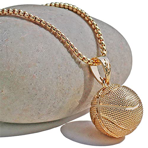 Tenghong2021 14K Gold Silver Basketball Pendant Necklace Stainless Steel Necklace Sports Hiphop Necklace Basketball Pendant Necklace I Love Basketball Necklace For Men Boys-Gold #TOP4