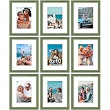 Vittanly 8x10 Picture Frames Set of 9, Shatter Resistant Plexiglass, Display 5x7 Pictures with Mat or 8x10 without Mat, Photo Frames for Wall or Tabletop, Engineered Wood, Rustic Green