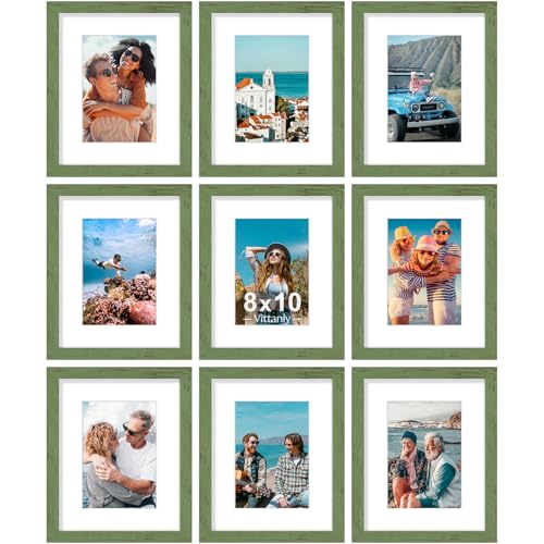 Vittanly 8x10 Picture Frames Set of 9, Wall & Tabletop, Rustic Green