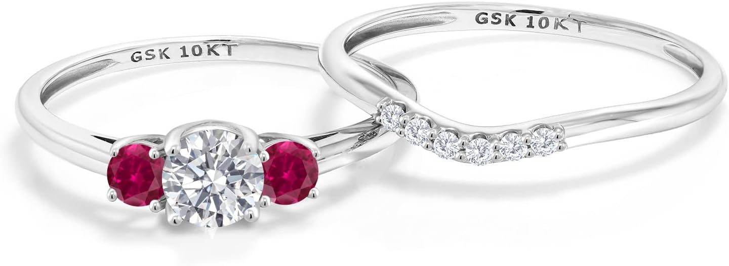 Gem Stone King 10K White Gold Lab Grown Diamond and Red Created Ruby Bridal-Sets Ring For Women | 0.84 Cttw | Round 5MM | Wedding Engagement Anniversary Promise Ring For Women