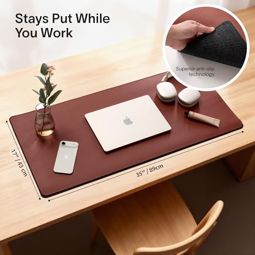 Image of Nordik Felt and Leather Desk Mat - Dual Layer Emberwood Brown 35 x 17 in | Dual-Layered Mat Leather Desk Pad with Document Organizer - Full Desktop Mat - Large Non-slip and Waterproof Desk Blotter
