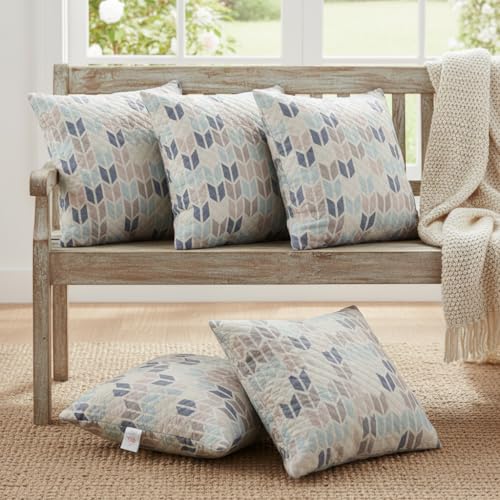 Image of STITCHNEST 'QuadraNest' Series Printed Quilted Velvet Cushion Cover 16x16 Inch Set of 5 | Premium Soft Fabric, Washable & Fade Resistant | Decorative Living Room Cushion Covers | Beige & Blue Chevron