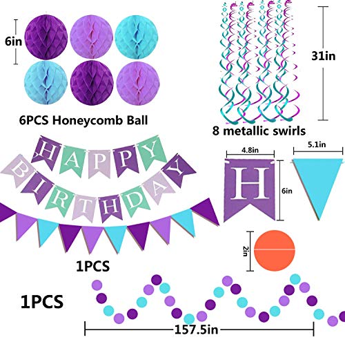 Purple Blue Happy Birthday Banner Paper Triangle Flag Bunting Circle Confetti Dots Hanging Garland And Pom Poms Swirl Streamers For Birthday Baby Shower Kids Mermaid Style Theme Party Decorations #TOP4