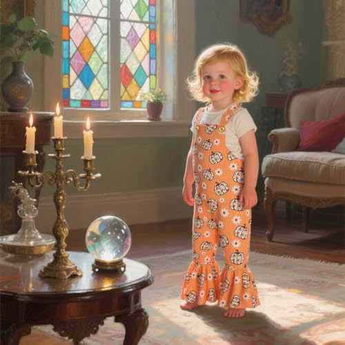 Noubeau Toddler Baby Girls Halloween Outfit Pumpkin Dot Suspender Romper Jumpsuit Bell-Bottom Pants Fall Girl Clothes2