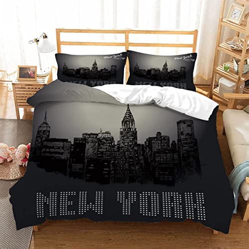 XLYYDS Housse de Couette 140x200 New York, Parure de Lit Noir 1 Personne, Imprimée Microfibre Housse Couette New York, 2 Taies d'oreiller 65x65 cm