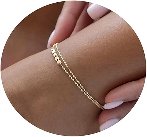 Anklet for Women 14K Gold Plated Ankle Bracelets Silver Anklet Waterproof Pearl Cubic Zirconia Rhinestone Heart Beads Herringbone Cuba Link Chain