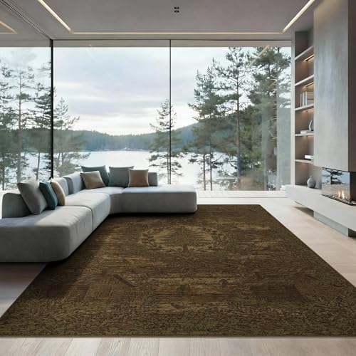 ODIKA 9'x12' Washable Rustic Leaf Oversized Rug, Dark Brown Non-Shedding Pet Friendly Carpet for Master Suite, California King, Under Bed, Foldable Easy Care Mat | Ref:2025215