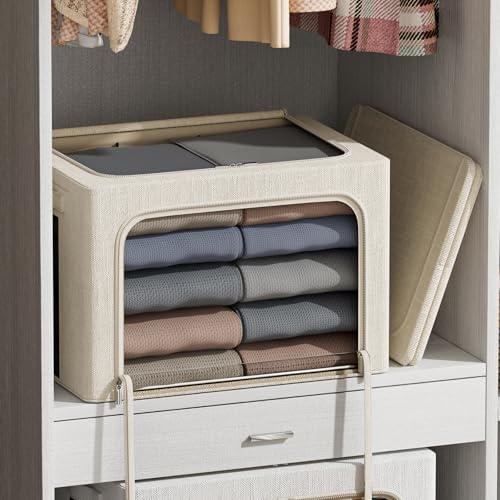 Image of FHSQX 2 Pack Clothes Storage Bins with Metal Frame Beige, 15.7x11.8x9.8 Inch