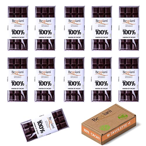 Beppiani 100% Masa de Cacao, Chocolate Artesano, vegano, sin azúcar, rico en antioxidantes, para dietas equilibradas - Set Made in Italy (10 + 1)