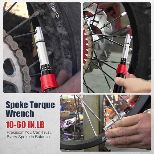 Image of VANPO Spoke Torque Wrench, 10-60 in-lb, for Motorcycle Wheel Maintenance | 1 /4 inch Drive Small Torque Wrench Kit with 9 Spoke Wrench Heads (5.1-6.9mm) & Spline, Spoke Wrench for Mountain, Road Bike