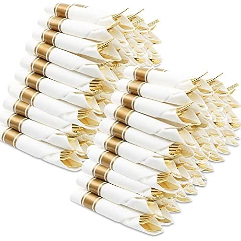 400Pcs Pre Rolled Napkin and Cutlery Set, Gold Plastic Flatware Sets Wrapped in Napkin, Disposable Cutlery Set with 100 Forks, 100 Knives, 100 Spoons, 100 Napkins for Wedding, Party，Dinner Cover