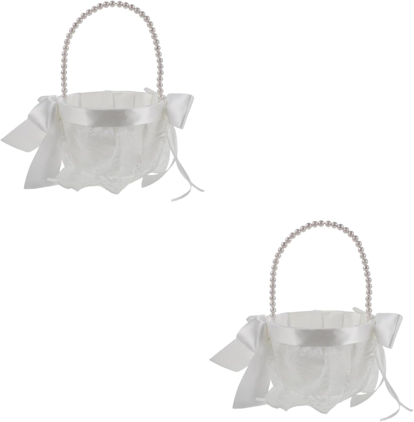 LOGOFUN 2PCS Bowknot Satin Flower Basket with Pearl Handle Petals Confetti Storage Holder for Wedding Ceremony Banquet Supplies - White