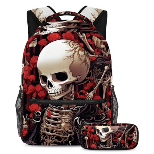 Sac à dos avec trousse crâne et fleurs rouges parfait pour le collège, le lycée et les sorties