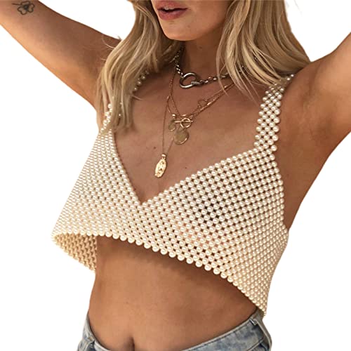 XBTCLXEBCO Sexy Pearl Cami Top for Women Sleeveless Hollow Out Beaded Camisoles Sling Crop Top Bra Vest Cover Up Clubwear3