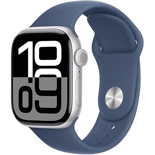 Apple Watch Series 10 [GPS, 42mm] Silver Aluminum Case with Denim Sport Band, M/L (Renewed)