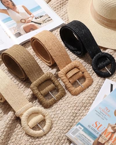 Image of WILLBOND 4 Pcs Women's Elastic Raffia Woven Belt, Boho Rattan Buckle Stretch Straw Wide Waist Belt for Dresses Jeans Pants