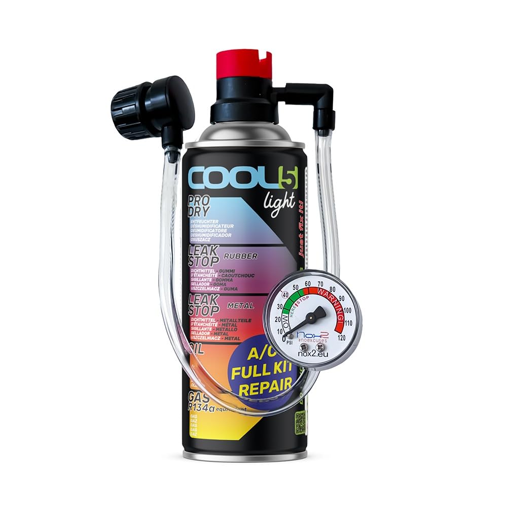 Hobby, Kältemittel Ersatzgas r1234yf Auto Klimaanlage Nachfüllset - Klimaanlage Wohnmobil - entspricht 660g, 1 Dose, 5in1, 235g, mit integriertem Schlauch und Manometer und Adapter