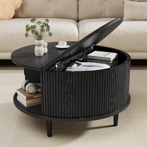Image of Round Coffee Table with Storage, Mid Century Modern Coffee Table, Fluted Dining Table with Sliding Door, Circle Coffee Table for Living Room Home Office, 31.5 inch, Black