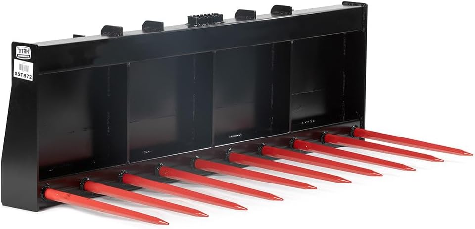 Titan Attachments 72" Tine Fork Bucket with Ten 49" C1 Hay Spears, SSQA Hay Spear Frame with C1 Hay Spears Included, Skid Steer Tractor Rake Attachment with Quick Tach Connection
