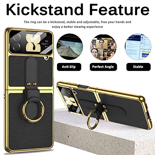 Miimall Capa de couro compatível com Samsung Galaxy Z Flip 4 com suporte de anel + alça de cordão re