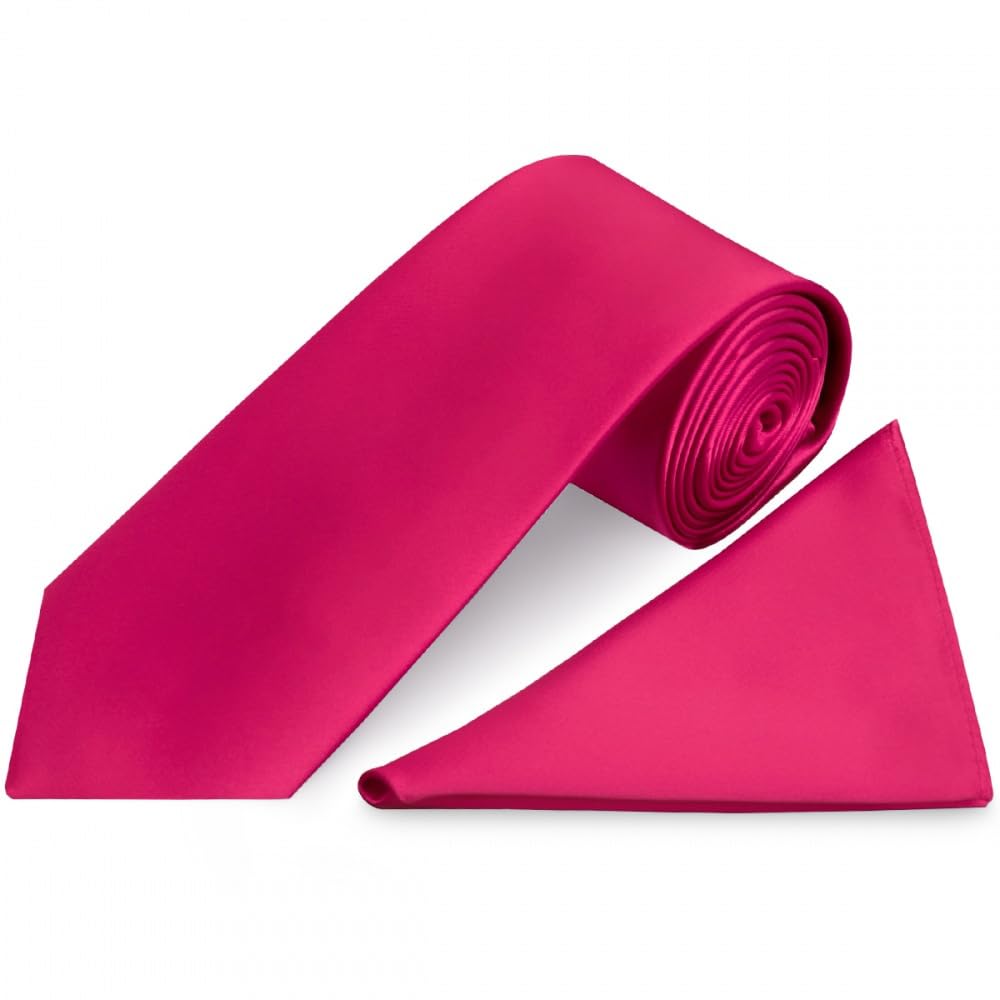 Ties R Us Men's Pink Plain Cerise Satin Classic Tie And Handkerchief Set