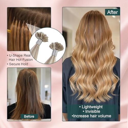 Image of Easyouth Blonde U Tip Hair Extensions, 14 Inch 50G 50S, Real Human Hair Highlights Ash Blonde with Bleach Blonde, Ktip Human Hair Extension, Invisible for Add Volume
