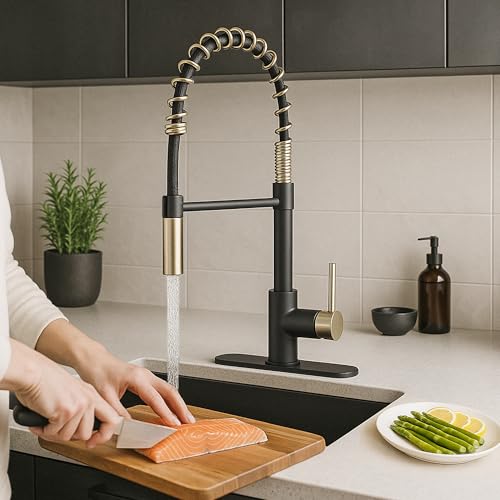 Image of Dura Faucet DF-MK504SLK-MB RV Swivel High-Arc Spring Kitchen Sink Faucet - Single Handle - Kitchen Faucet with Pull-Down Sprayer - Optional Deck Plate (Matte Black /Matte Gold)