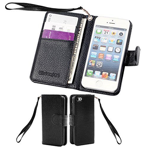 Iphone Se 2016 Case, Iphone 5 Case, Wisdompro Premium Pu Leather 2-In-1 Protective Folio Flip Wallet Case With Card Holder Slot And Wrist Lanyard For Iphone 5/5S/Se 1St Generation -Black With Lanyard #TOP3