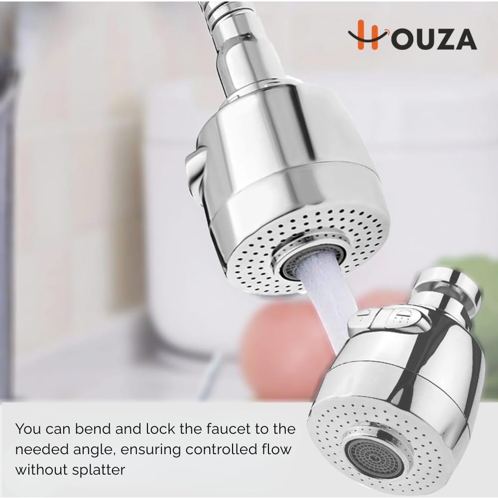 HOUZA Brass Kitchen Sink Tap Faucet with Pull Down Sprayer| Kitchen Tap with 360 Degree Flexible Swivel Spout | Water Saving Aerated Dual Flow Kitchen Faucet for Sink (Chrome Finish, Silver) 3