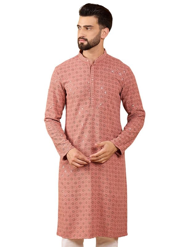 Image of Men's Solid Embroidered Long Straight Kurta | Men's Kurta | Embroidered Chikankari Kurta for Men | Straight Fit Kurta for Men