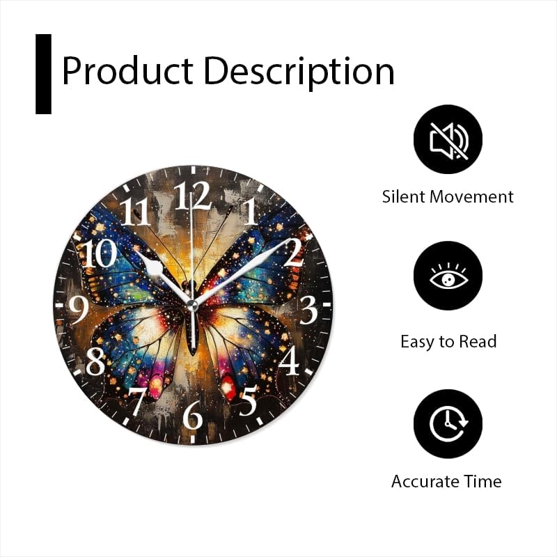 Battery Operated Round Wall Clock Non-Ticking Silent Analog Clcok Decorative for Living Room,Office,Kitchen-Butterfly in A Sparkling Setting(16inch)