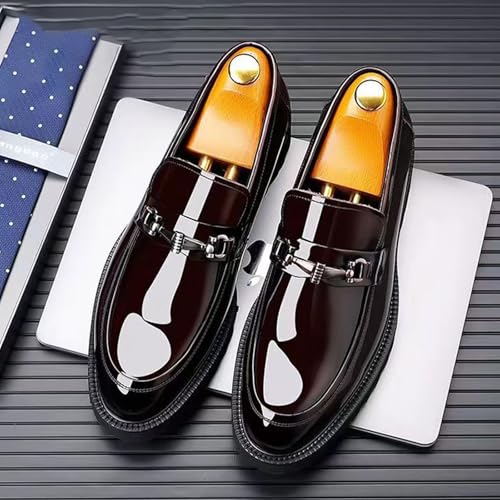 Men's Comfort Platform Chunky Slip-On Loafers, Fashion Metal Chain Shiny Patent Leather Business Casual Dress Shoes, Non-Slip Toe Lug Sole Driving Loafers4