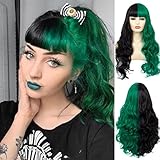 Baruisi Half Black Half Green Wig Long Curly Wavy Black Green Synthetic Heat Resistant Costume Cosplay Bangs Wig for Women