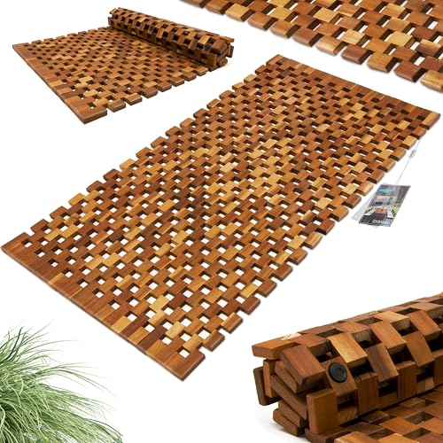 DEUBA® Acacia Wood Bath Mat | FSC Certified | Pre-Oiled | Non Slip Bathroom Mat | Bathroom, Shower, Spa, Pool, Sauna, Ice Bath, Toilet Mat | Mosaic Design | 80 x 50cm