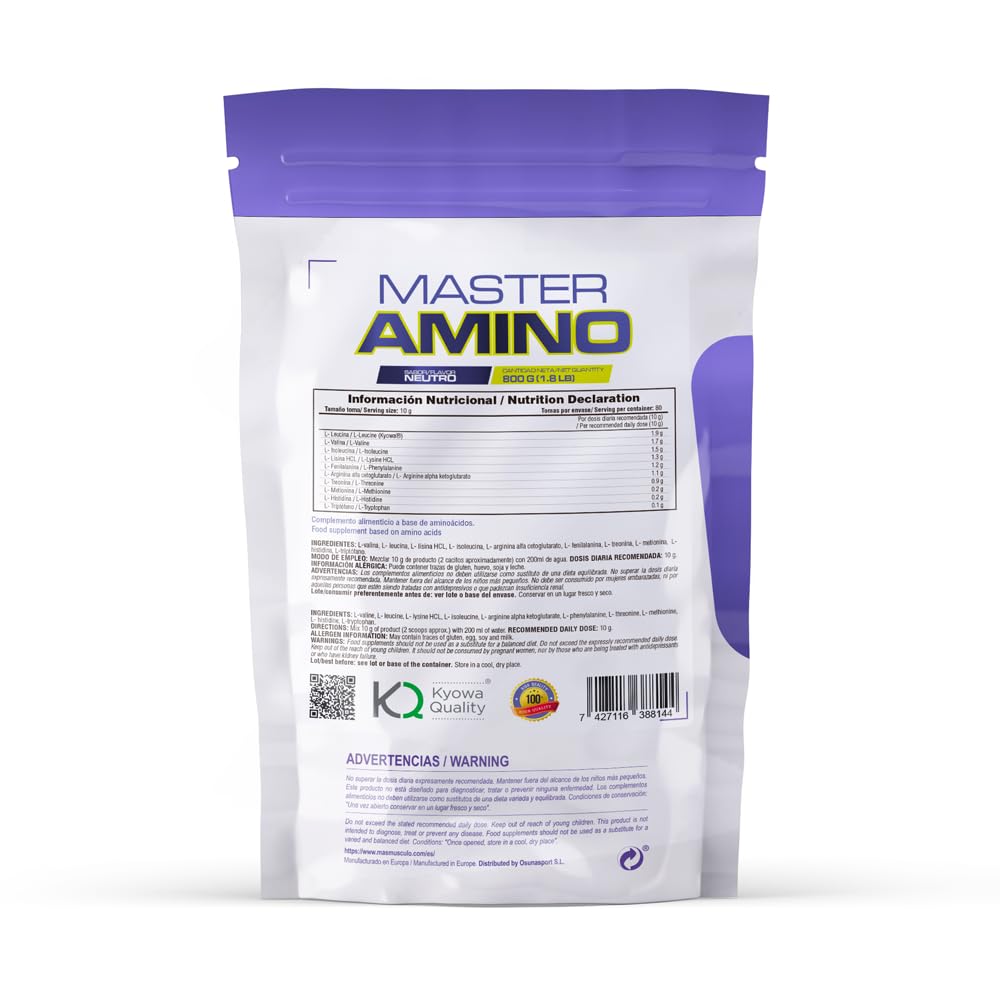 MASmusculo - 9 Aminoácidos Esenciales - Complejo EAA en Polvo 800g - Recuperador Muscular - Mayor Rendimiento Físico - Energía - Master Amino Complex - Sabor Neutro