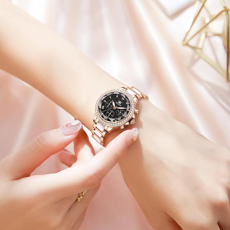 OLEVS Ladies Luxury Watch Black Mother – Sparkling crystal encrusted bezel design