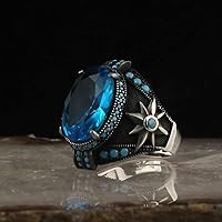 Vista 3 de Mens Ring Sterling Silver Aquamarine Stone Jewelry for Men Rings Signet Anillos para Hombre Turkish Rings Anillo de Plata Mens Gemstone Rings Man