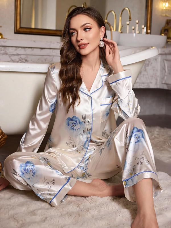 Image of Night Suit for Women with Full Sleeve Button-Down Top with Pant Dress for Woman, Night Dress for Woman, Cotton Two-Piece Loungewear Set