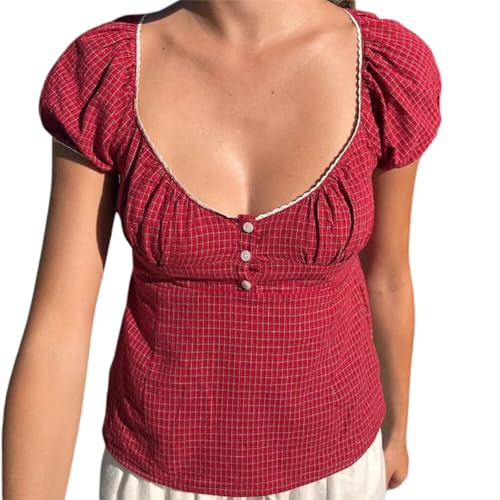 Women Y2K Fairy Grunge Tee Shirt Lace Trim Short Sleeve Crop Top Ruffle Babydoll Top Aesthetic Going Out Top