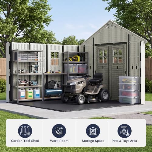 Image of Greesum 10x10FT Resin Outdoor Storage Shed with Three-Sided Doors, Beige