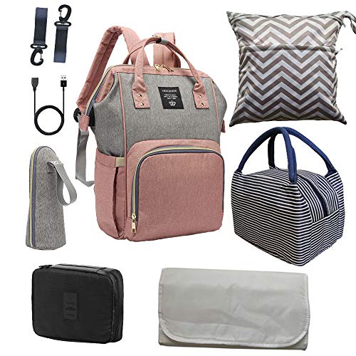 Diaper Bag Set, ERGO QUEEN Multifunction 8-in-1 Baby Care Backpack for Mom Dad, Large Capacity, Unisex Travel Back Pack, Waterproof Nappy Bags, Baby Nursing Organizer, Pink Gray