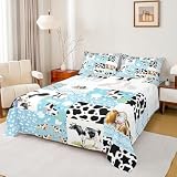 Kawaii Cow Print Queen Sheets for Kids Toddler Highland Cattle Bed Set, Black White Cowhide Bed Sheets Set Bull Buffalo Plaid Sheet Set, Cow Fur Bedding Set Children Blue Cartoon Room Decor