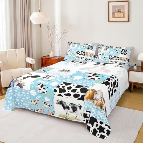 Kawaii Cow Print Queen Sheets for Kids Toddler Highland Cattle Bed Set, Black White Cowhide Bed Sheets Set Bull Buffalo Plaid Sheet Set, Cow Fur Bedding Set Children Blue Cartoon Room Decor
