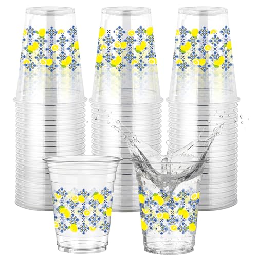 AFRITEE 50 Pcs Blue Porcelain Lemon Plastic Cups, Blue Tile Yellow Lemon Themed Disposable Clear Plastic Cup, Mediterranean Summer Party Decor Supplies for Weddings Bridal Showers 12 oz